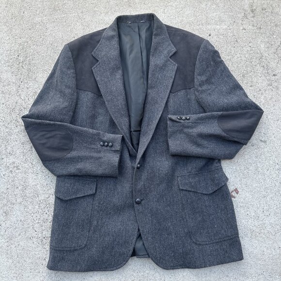 PENDLETON Wool Tweed Western Sport Coat Elbow Patches Leather Button Gray 48